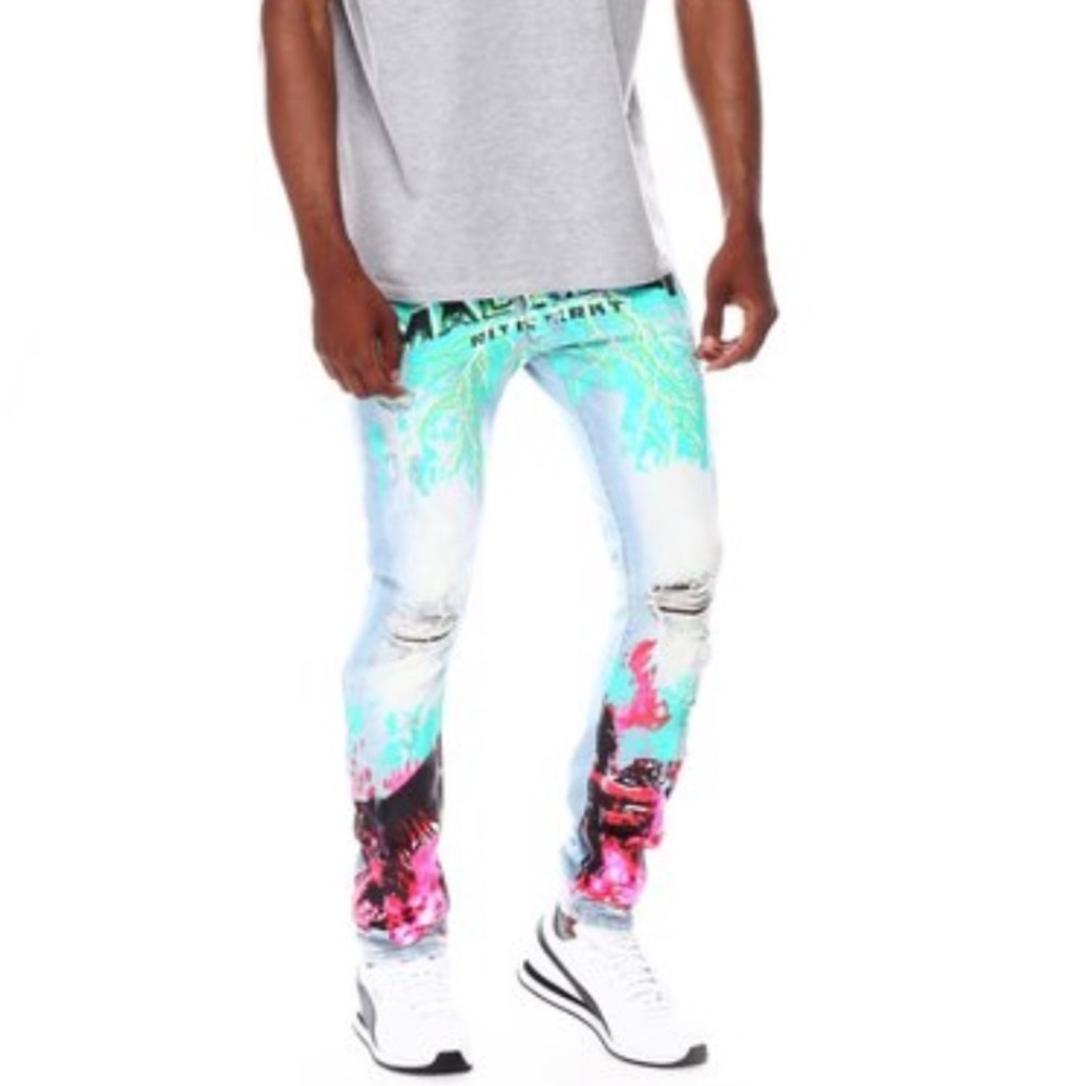 MacKeen Lightning Light Wash Jeans in Teal Graffiti 🆕